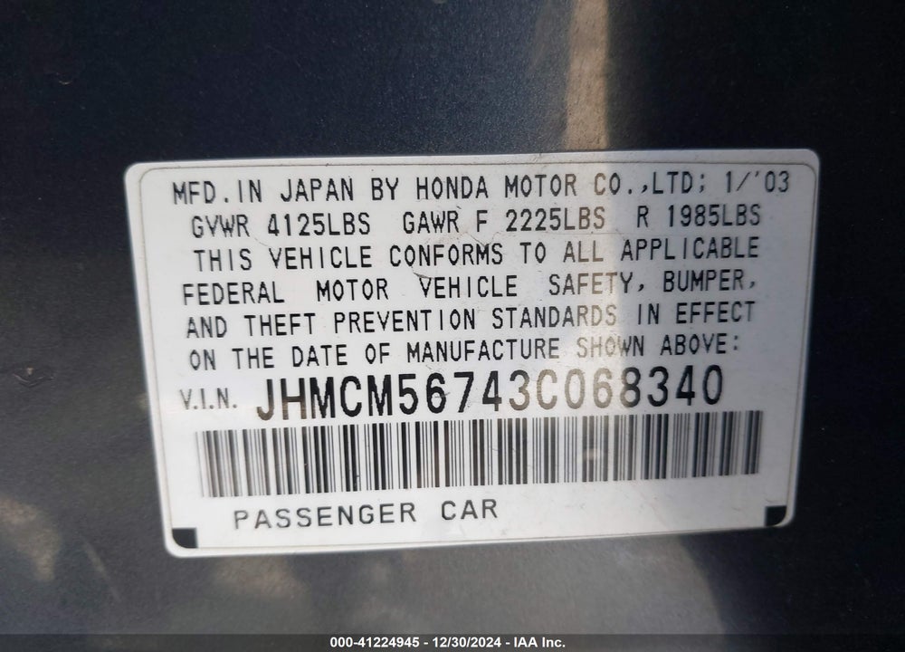 2003 HONDA ACCORD 2.4 EX VIN: JHMCM56743C068340