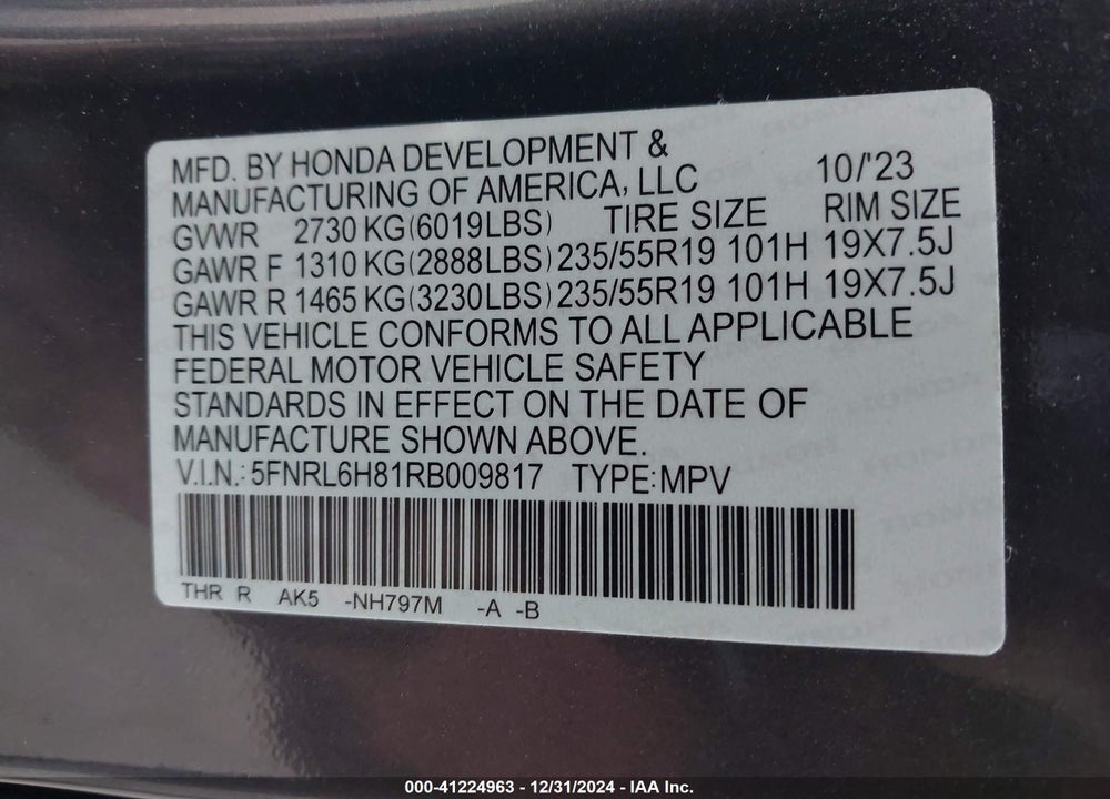 2024 HONDA ODYSSEY TOURING VIN: 5FNRL6H81RB009817