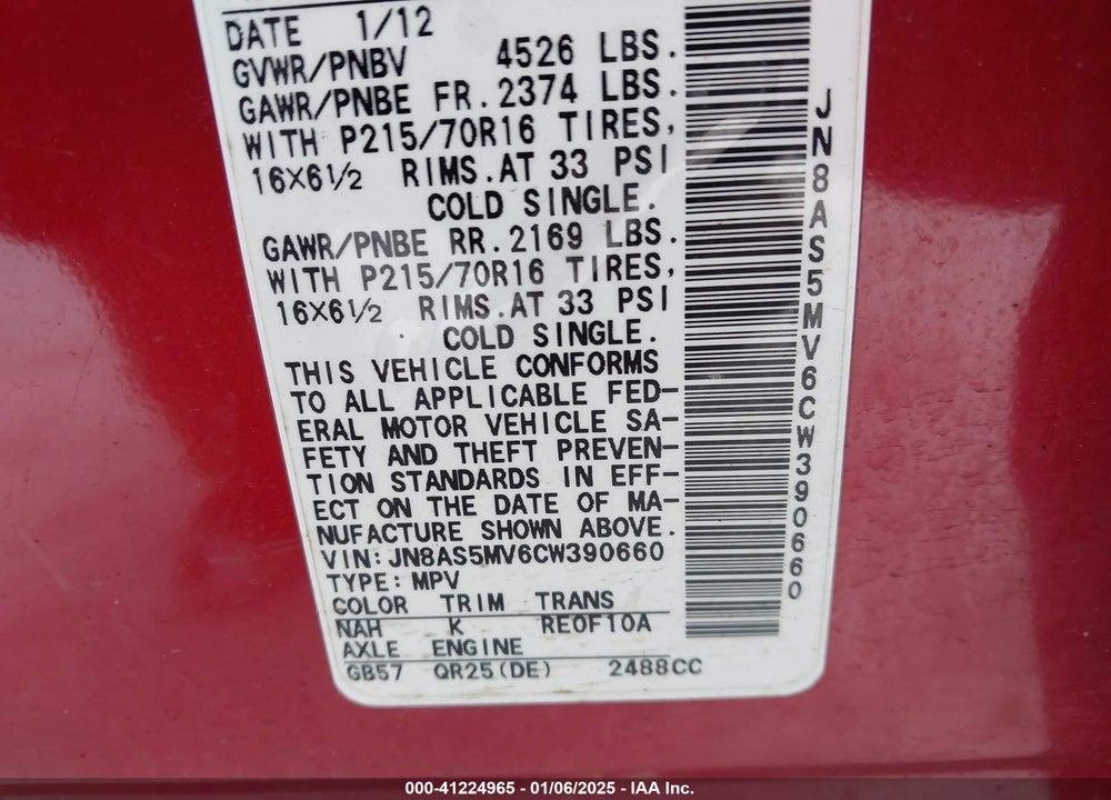 2012 NISSAN ROGUE S/SV VIN: JN8AS5MV6CW390660