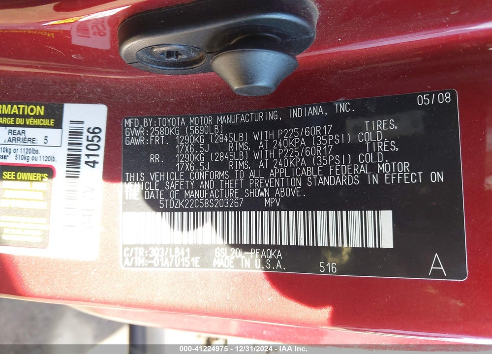2008 TOYOTA SIENNA LIMITED VIN: 5TDZK22C58S203267