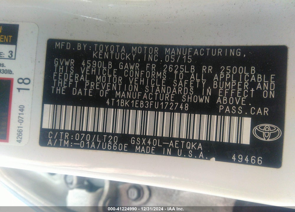 2015 TOYOTA AVALON VIN: 4T1BK1EB3FU172748