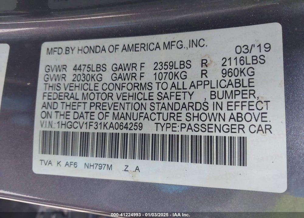 2019 HONDA ACCORD VIN: 1HGCV1F31KA064259