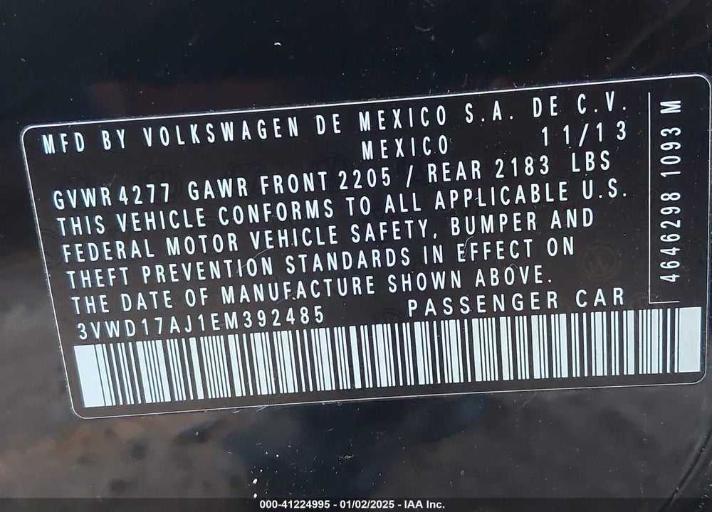2014 VOLKSWAGEN JETTA VIN: 3VWD17AJ1EM392485