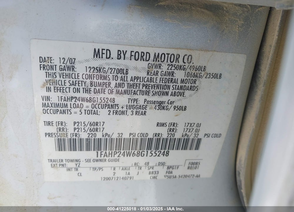 2008 FORD TAURUS SEL VIN: 1FAHP24W68G155248