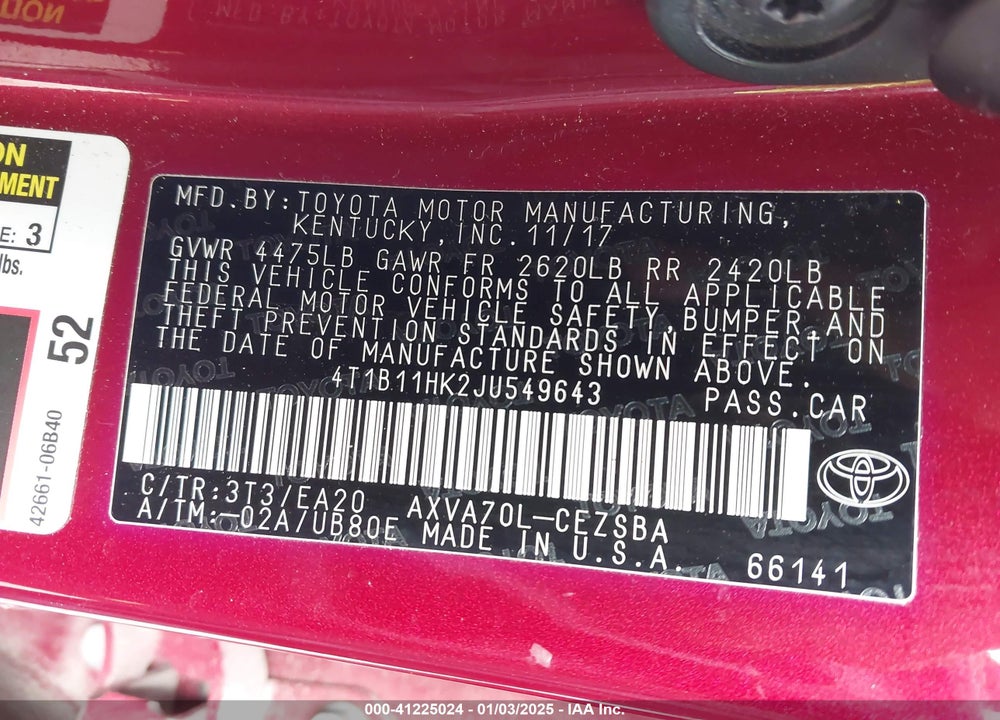 2018 TOYOTA CAMRY VIN: 4T1B11HK2JU549643