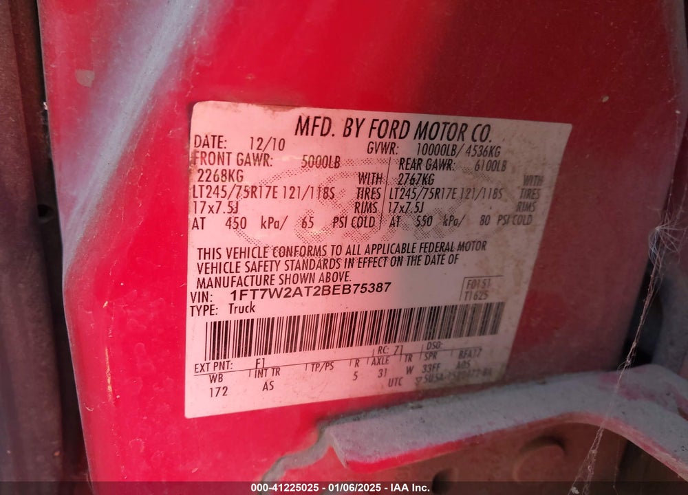 2011 FORD F-250 VIN: 1FT7W2AT2BEB75387