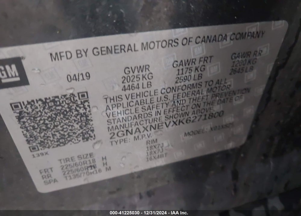 2019 CHEVROLET EQUINOX PREMIER VIN: 2GNAXNEVXK6271800