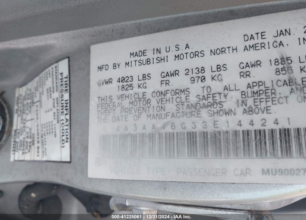 2003 MITSUBISHI GALANT ES/LS VIN: 4A3AA46G33E144241