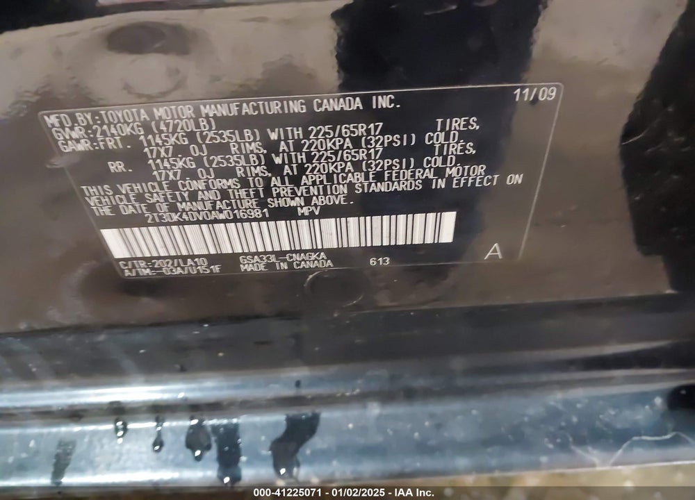 2010 TOYOTA RAV4 LIMITED VIN: 2T3DK4DV0AW016981