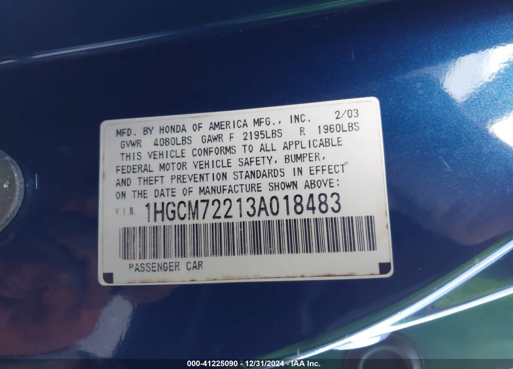 2003 HONDA ACCORD 2.4 LX VIN: 1HGCM72213A018483