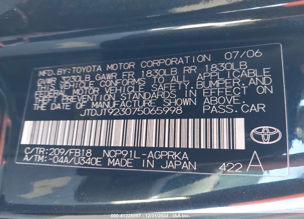 2007 TOYOTA YARIS VIN: JTDJT923075065998