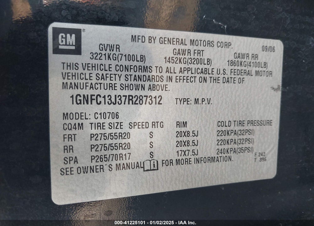 2007 CHEVROLET TAHOE LTZ VIN: 1GNFC13J37R287312