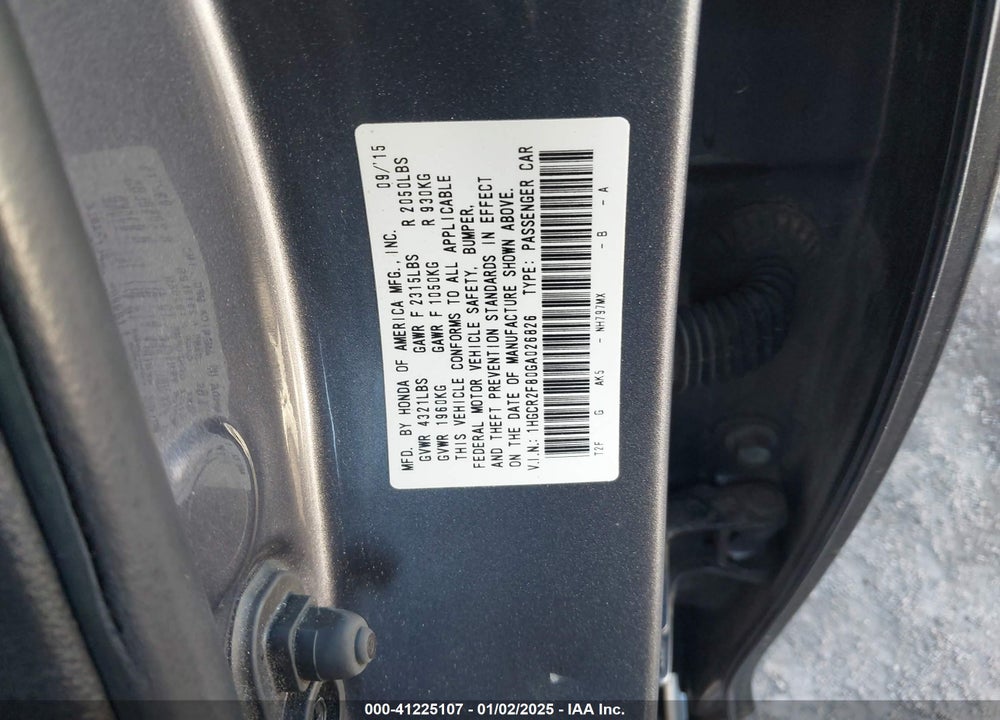 2016 HONDA ACCORD EX-L VIN: 1HGCR2F80GA026826