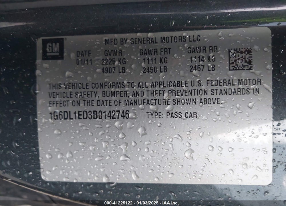 2011 CADILLAC CTS VIN: 1G6DL1ED3B0142746