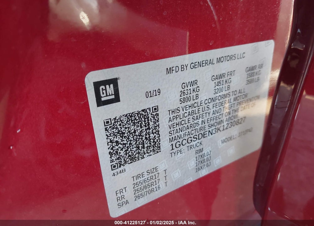 2019 CHEVROLET COLORADO VIN: 1GCGSDEN3K1230827