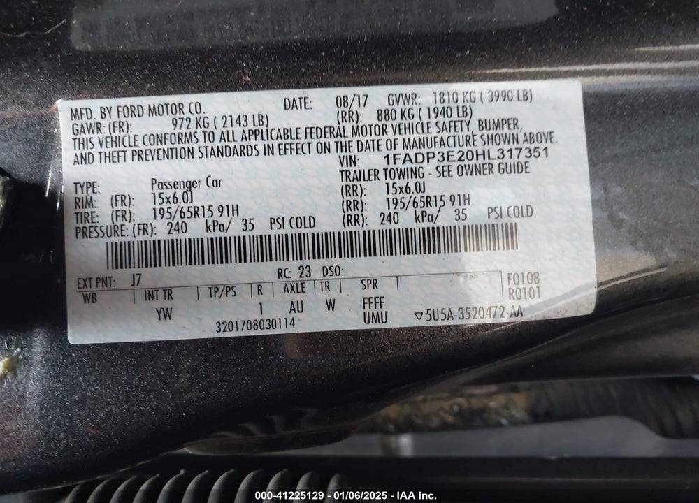 2017 FORD FOCUS S VIN: 1FADP3E20HL317351