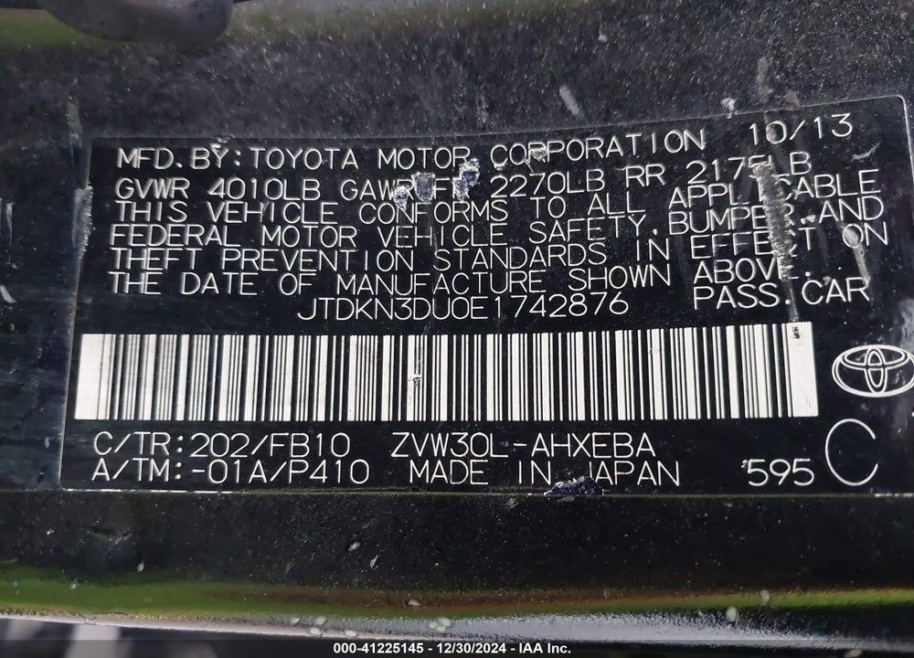 2014 TOYOTA PRIUS TWO VIN: JTDKN3DU0E1742876