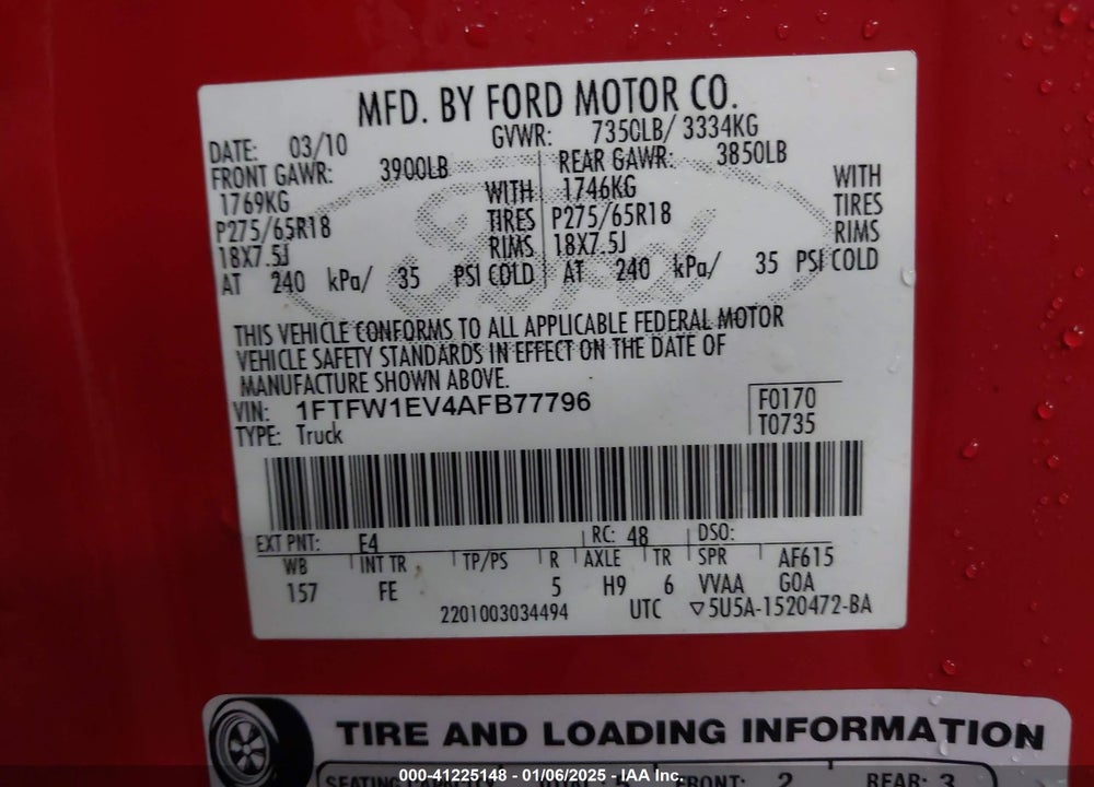 2010 FORD F-150 FX4/HARLEY-DAVIDSON/KING RANCH/LARIAT/PLATINUM/XL/XLT VIN: 1FTFW1EV4AFB77796