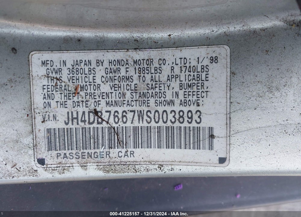 1998 ACURA INTEGRA GS VIN: JH4DB7667WS003893
