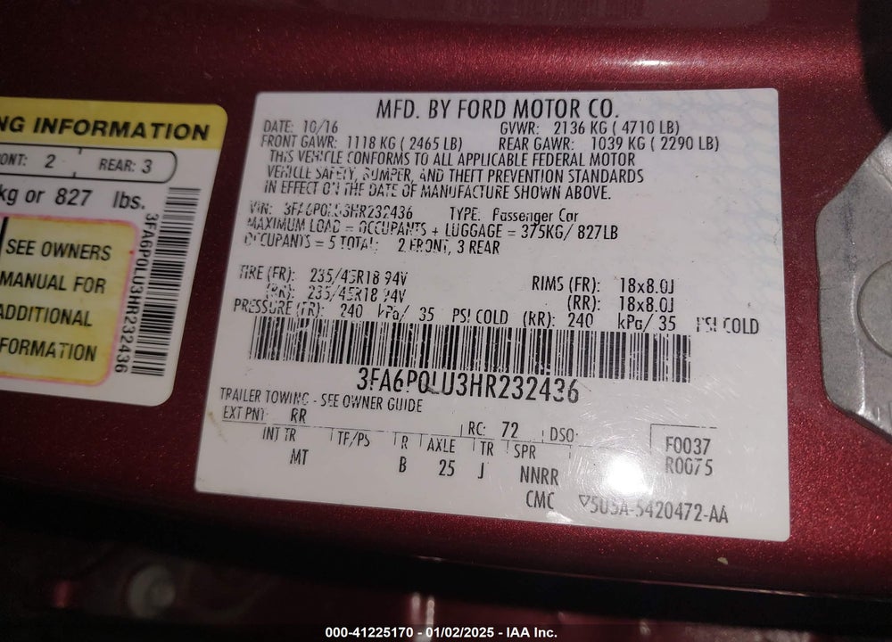 2017 FORD FUSION HYBRID VIN: 3FA6P0LU3HR232436
