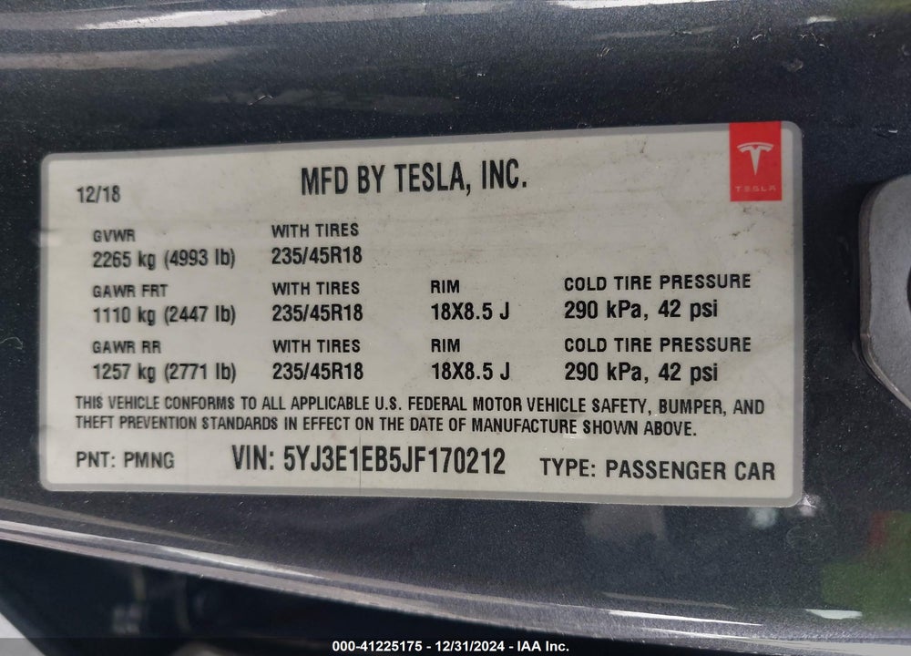 2018 TESLA MODEL 3 LONG RANGE/PERFORMANCE VIN: 5YJ3E1EB5JF170212