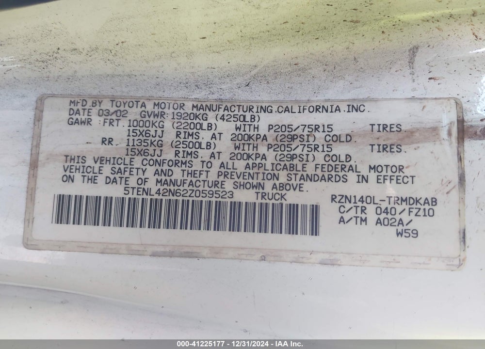 2002 TOYOTA TACOMA VIN: 5TENL42N62Z059523