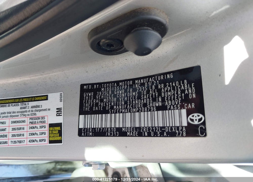 2021 TOYOTA COROLLA VIN: 5YFEPMAE0MP208796