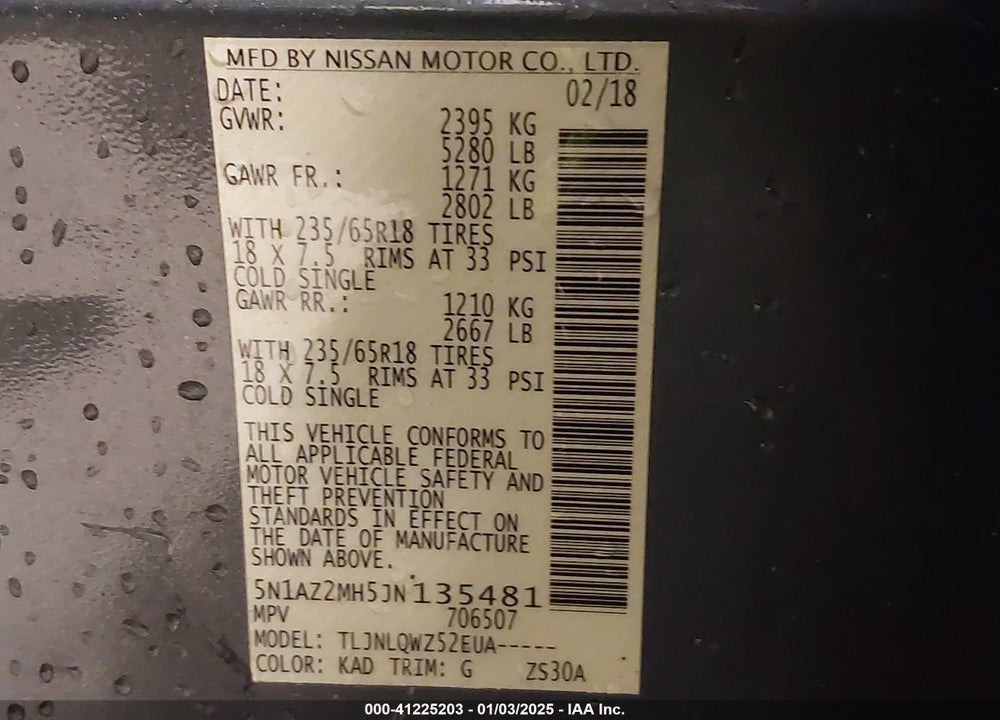 2018 NISSAN MURANO SV VIN: 5N1AZ2MH5JN135481