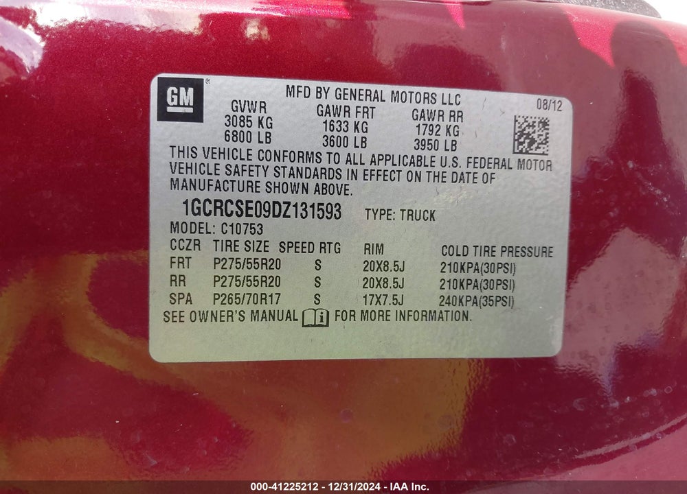 2013 CHEVROLET SILVERADO 1500 LT VIN: 1GCRCSE09DZ131593