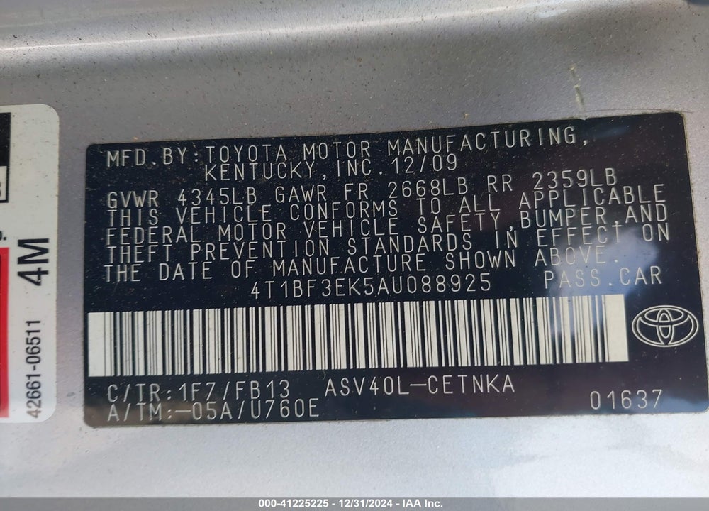 2010 TOYOTA CAMRY VIN: 4T1BF3EK5AU088925