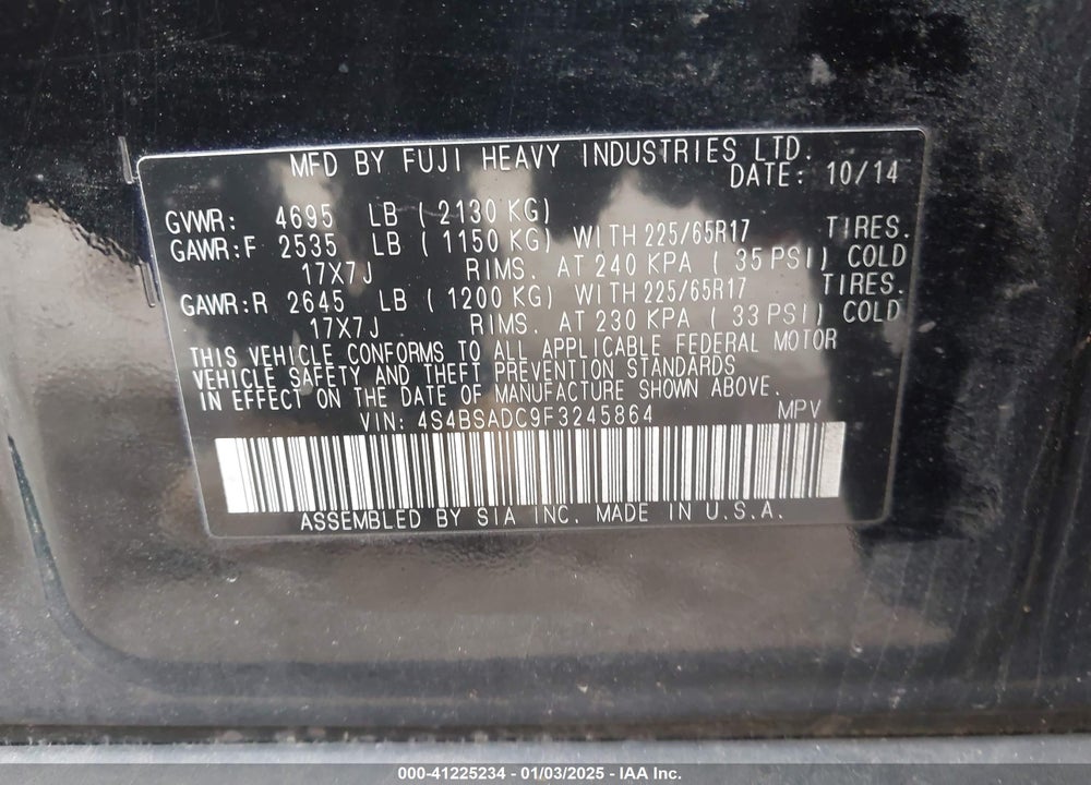 2015 SUBARU OUTBACK 2.5I PREMIUM VIN: 4S4BSADC9F3245864