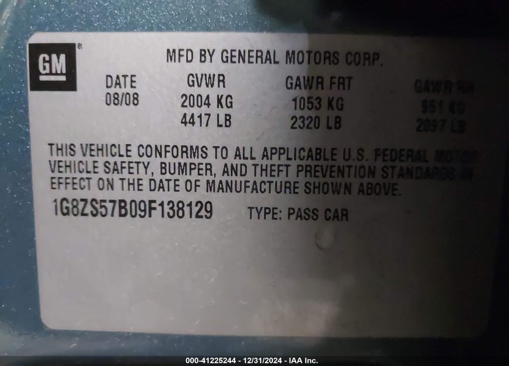 2009 SATURN AURA XE VIN: 1G8ZS57B09F138129