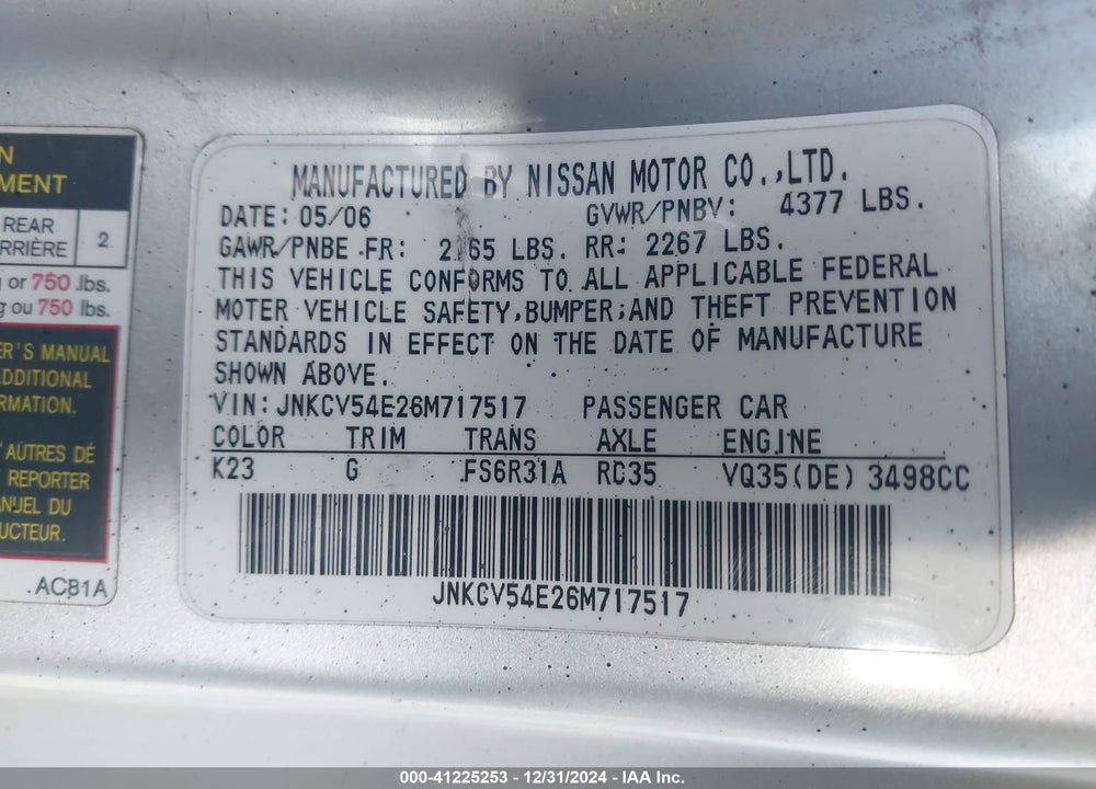 2006 INFINITI G35 VIN: JNKCV54E26M717517
