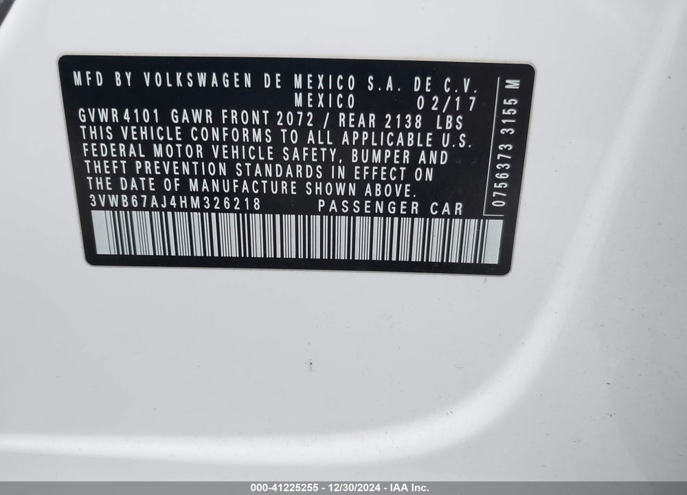 2017 VOLKSWAGEN JETTA VIN: 3VWB67AJ4HM326218