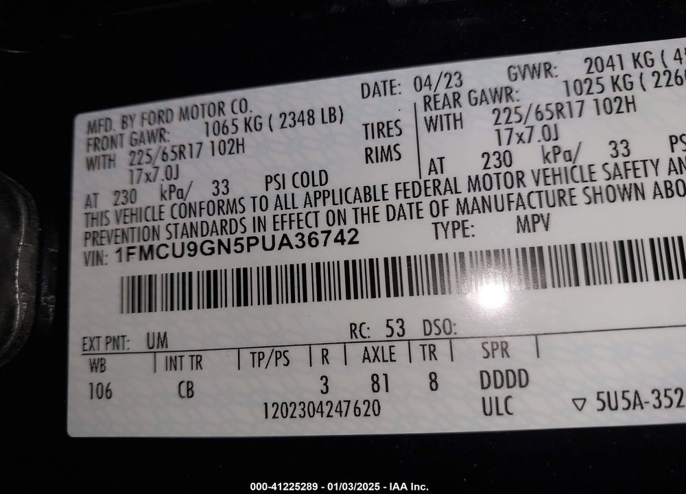 2023 FORD ESCAPE ACTIVE VIN: 1FMCU9GN5PUA36742