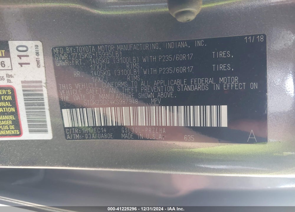 2019 TOYOTA SIENNA LE 8 PASSENGER VIN: 5TDKZ3DC4KS987948