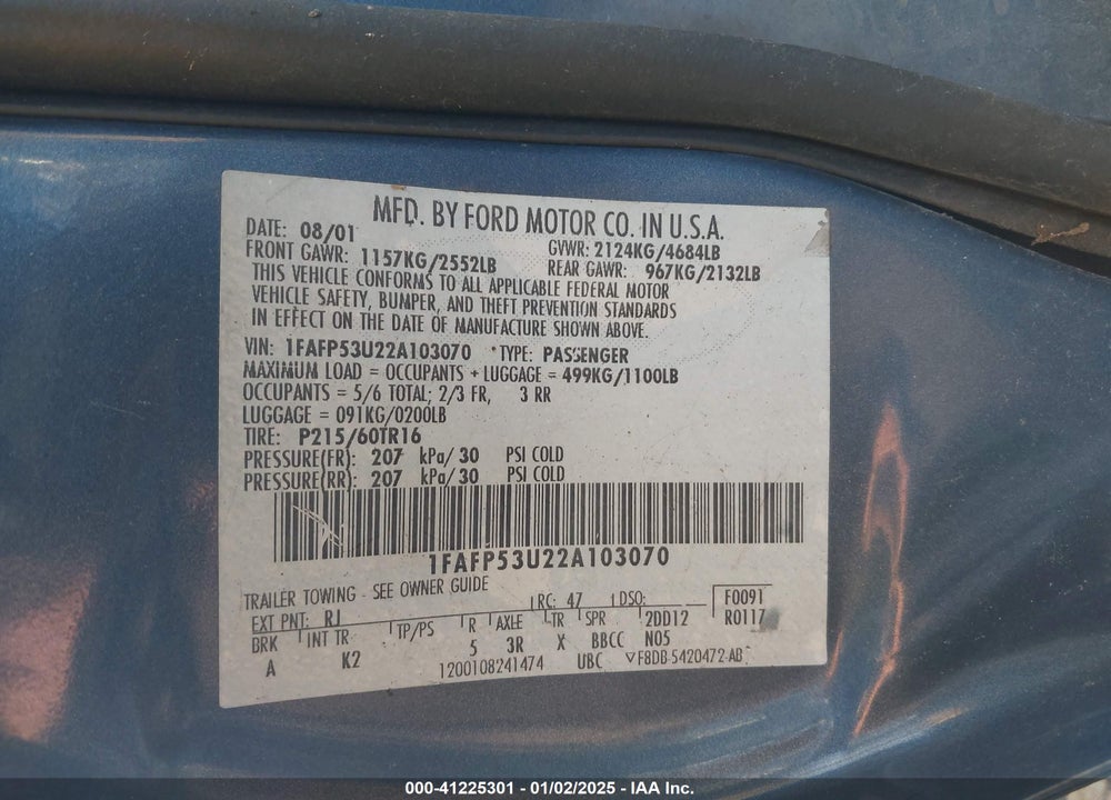 2002 FORD TAURUS SE VIN: 1FAFP53U22A103070