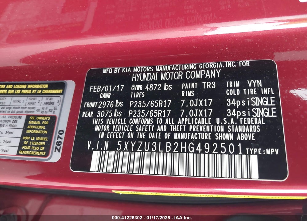 2017 HYUNDAI SANTA FE SPORT 2.4L VIN: 5XYZU3LB2HG492501