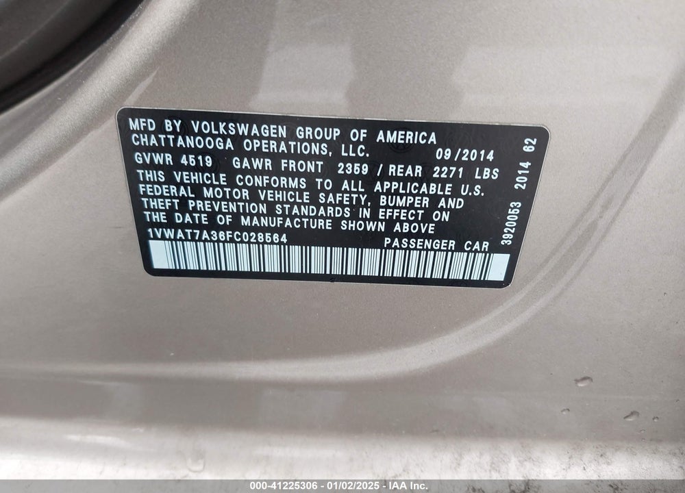 2015 VOLKSWAGEN PASSAT VIN: 1VWAT7A36FC028564