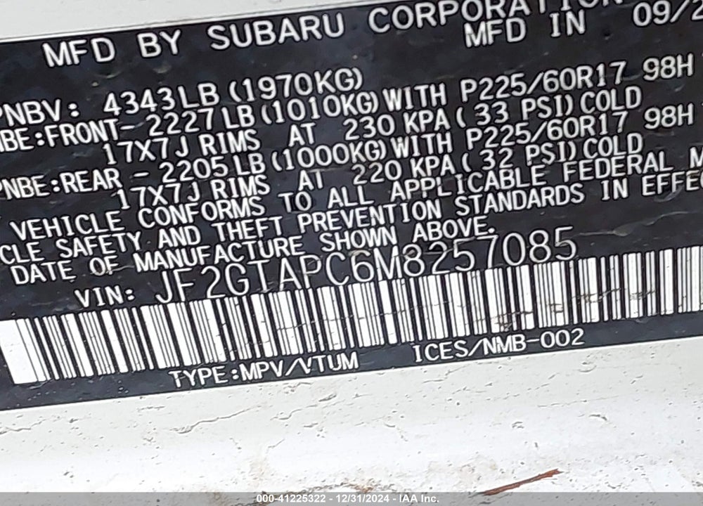 2021 SUBARU CROSSTREK PREMIUM VIN: JF2GTAPC6M8257085