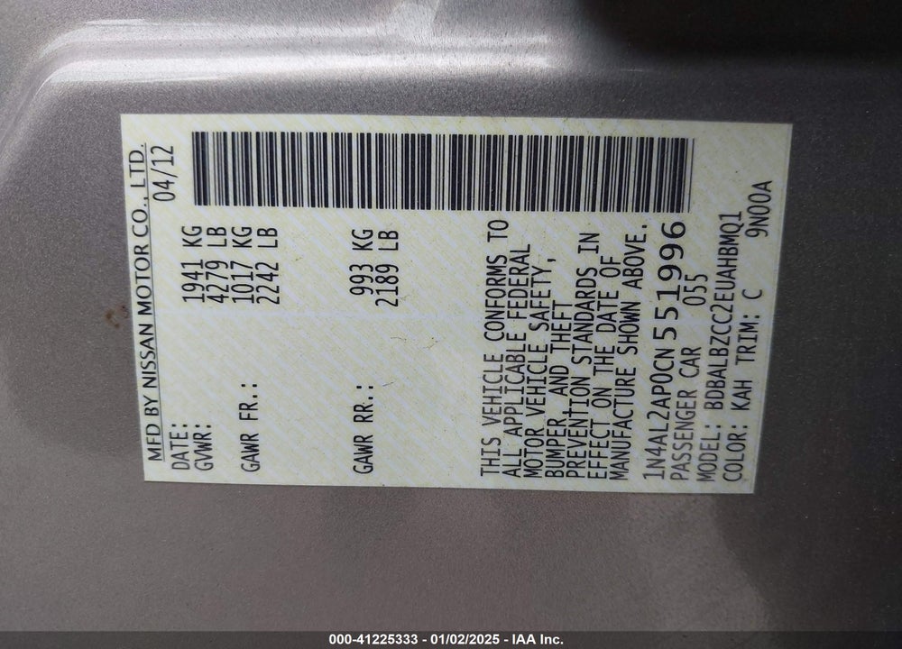 2012 NISSAN ALTIMA 2.5 SL VIN: 1N4AL2AP0CN551996
