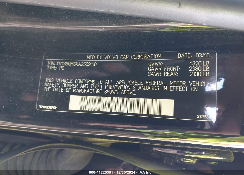 2010 VOLVO S40 2.4I VIN: YV1390MSXA2509110