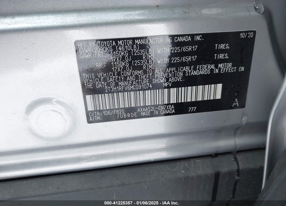2021 TOYOTA RAV4 LE VIN: 2T3H1RFV6MC091074