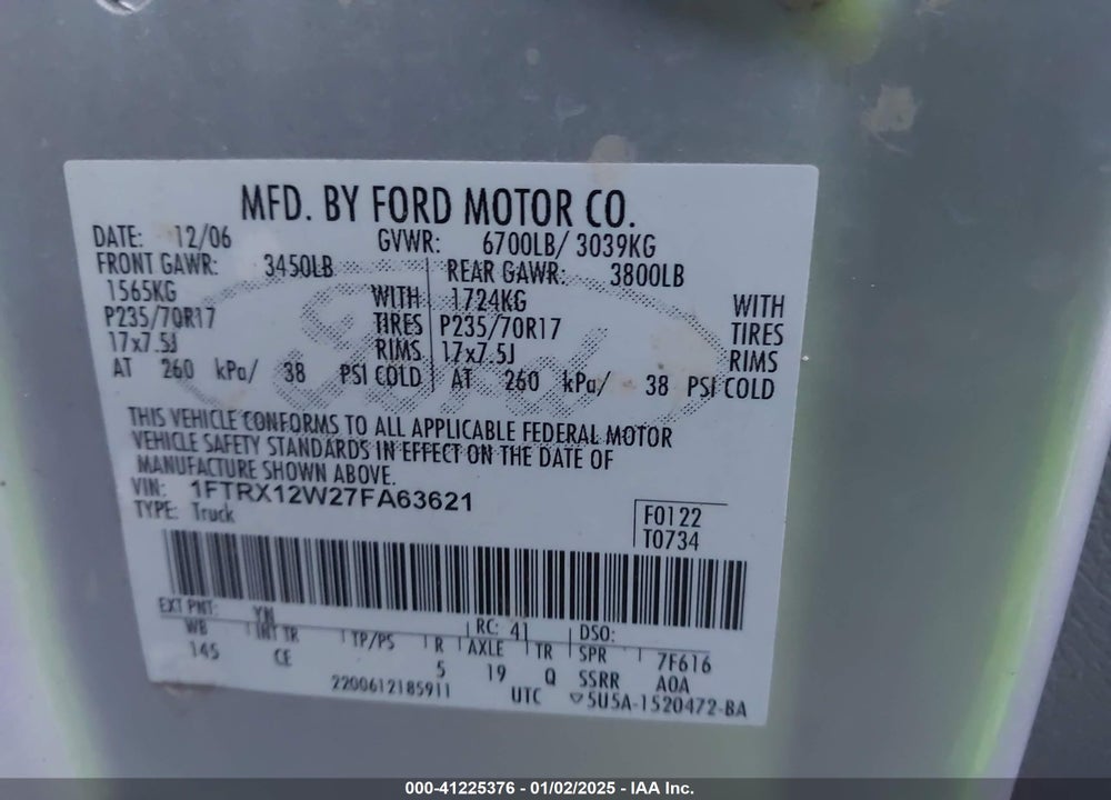 2007 FORD F-150 STX/XL/XLT VIN: 1FTRX12W27FA63621