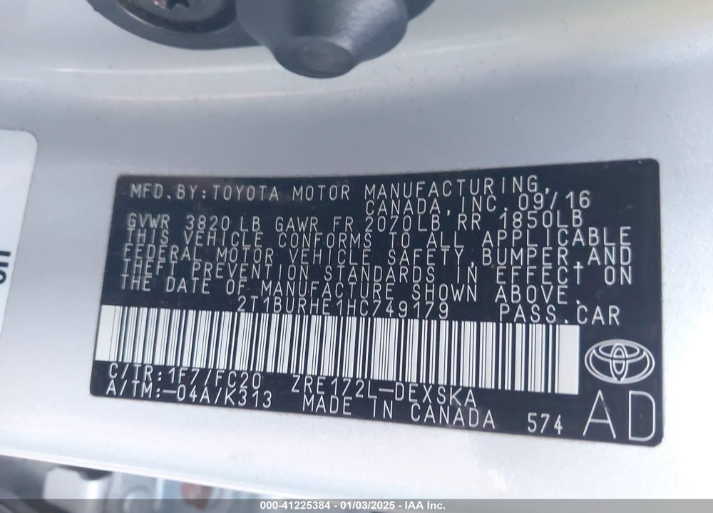 2017 TOYOTA COROLLA SE VIN: 2T1BURHE1HC749179
