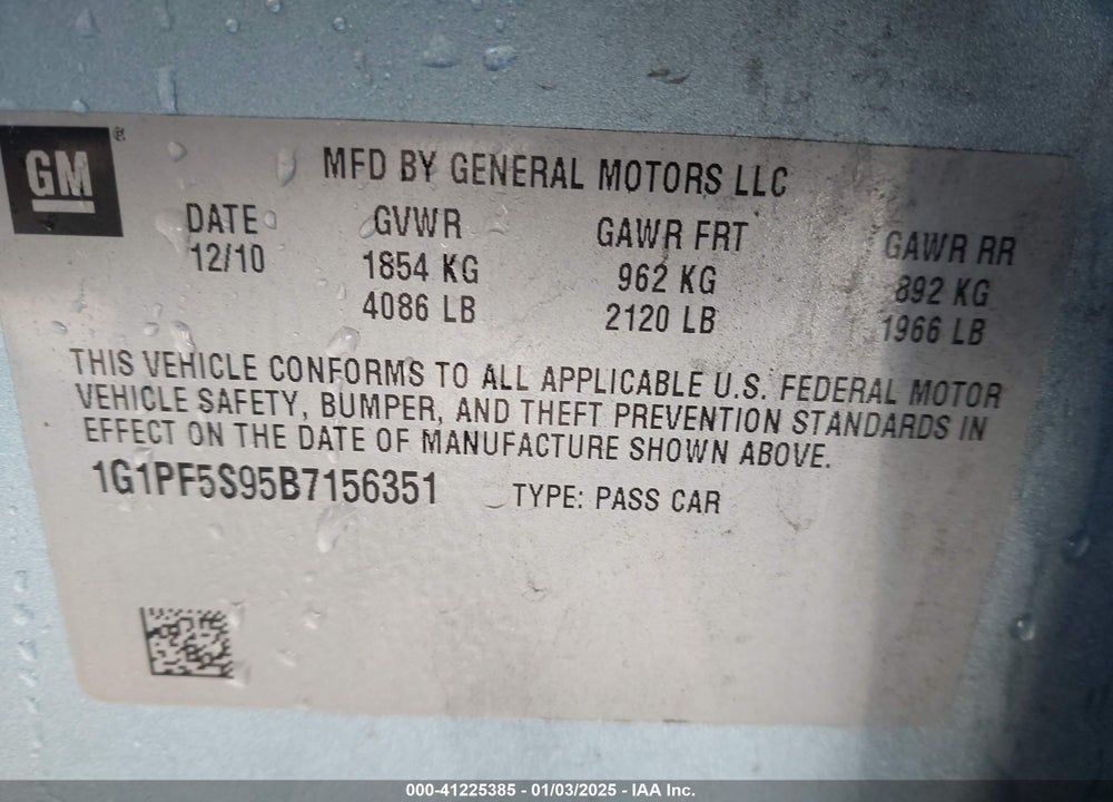 2011 CHEVROLET CRUZE 1LT VIN: 1G1PF5S95B7156351