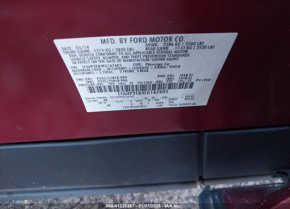2014 FORD TAURUS VIN: 1FAHP2E84EG167605