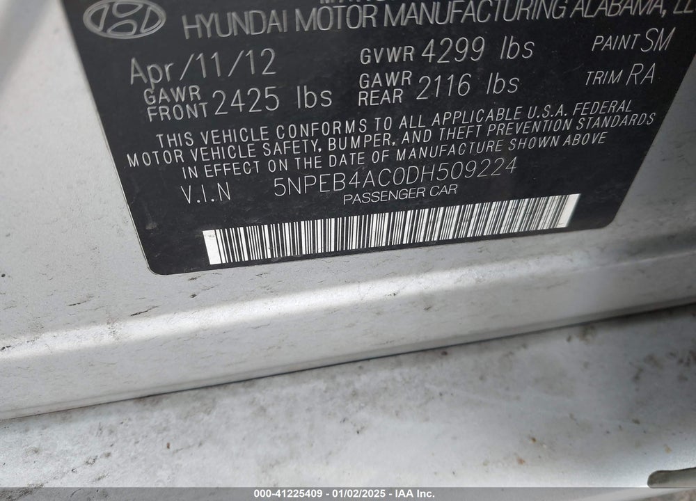 2013 HYUNDAI SONATA VIN: 5NPEB4AC0DH509224