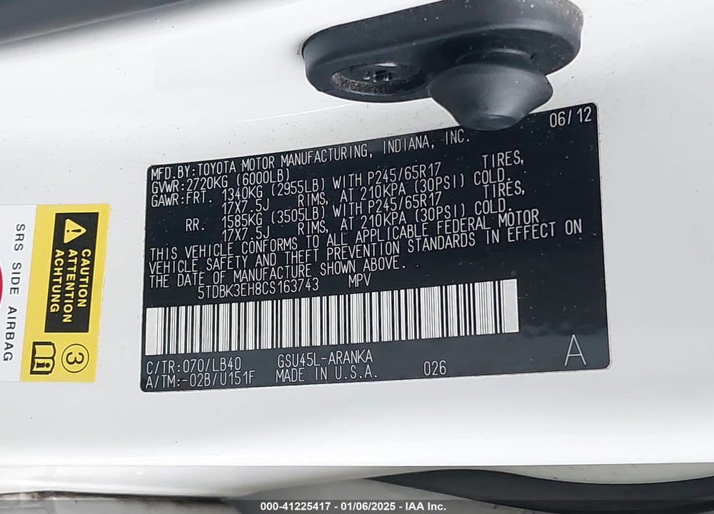 2012 TOYOTA HIGHLANDER SE V6 VIN: 5TDBK3EH8CS163743