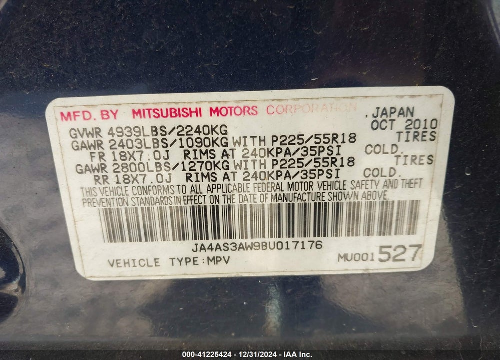 2011 MITSUBISHI OUTLANDER SE VIN: JA4AS3AW9BU017176
